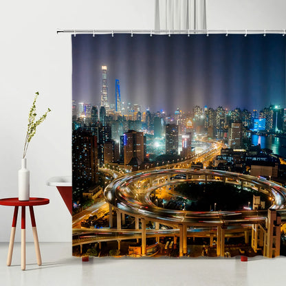 Landscape Shower Curtain Modern Night City Scenery Waterproof Polyester Fabric Bedroom Bathroom Decoration Curtains Ready