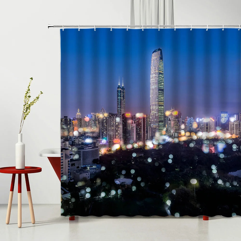 Landscape Shower Curtain Modern Night City Scenery Waterproof Polyester Fabric Bedroom Bathroom Decoration Curtains Ready