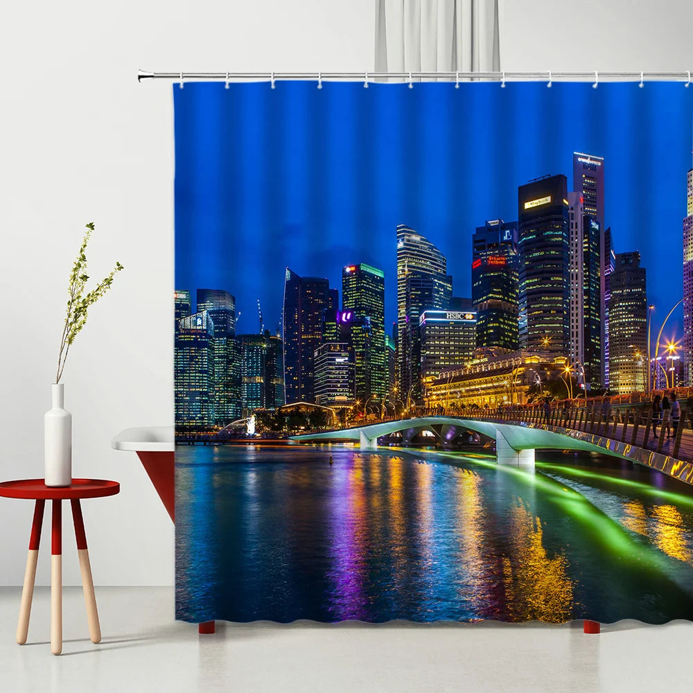 Landscape Shower Curtain Modern Night City Scenery Waterproof Polyester Fabric Bedroom Bathroom Decoration Curtains Ready