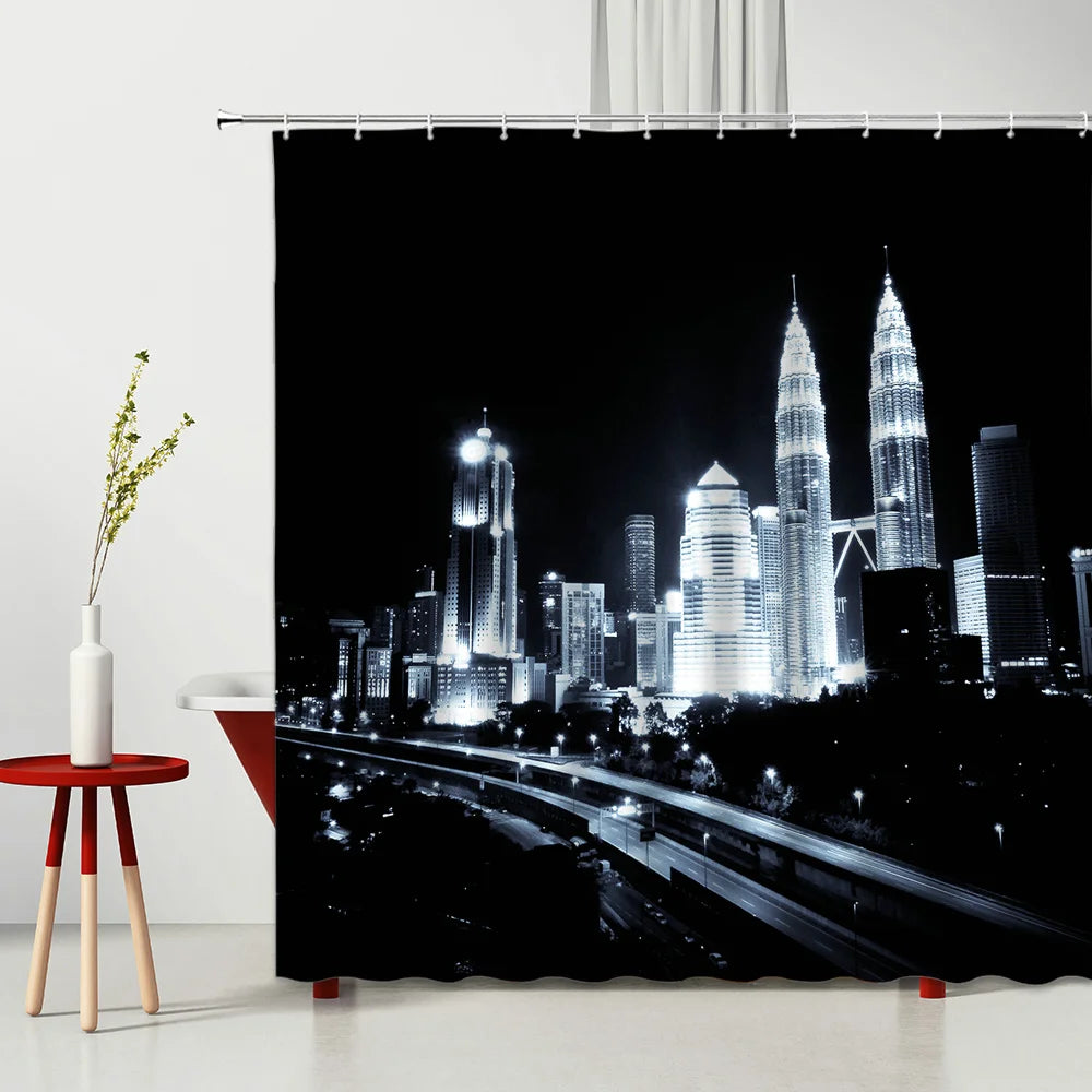 Landscape Shower Curtain Modern Night City Scenery Waterproof Polyester Fabric Bedroom Bathroom Decoration Curtains Ready