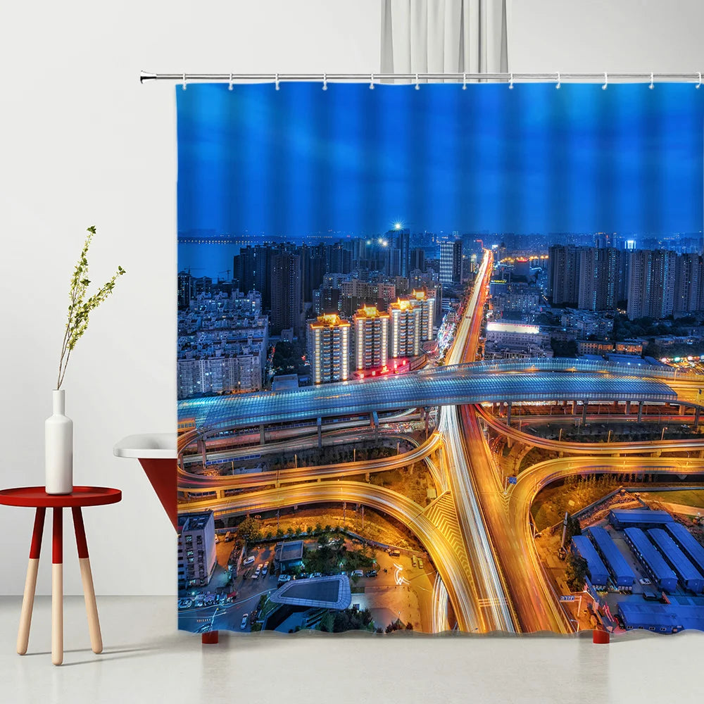 Landscape Shower Curtain Modern Night City Scenery Waterproof Polyester Fabric Bedroom Bathroom Decoration Curtains Ready