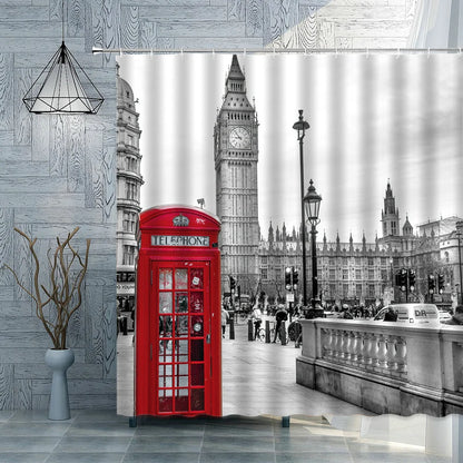 London Big Ben Red Telephone Booth Retro Bathroom Shower Curtain Waterproof Polyester Fabric Home Decoration Art Bath Curtains