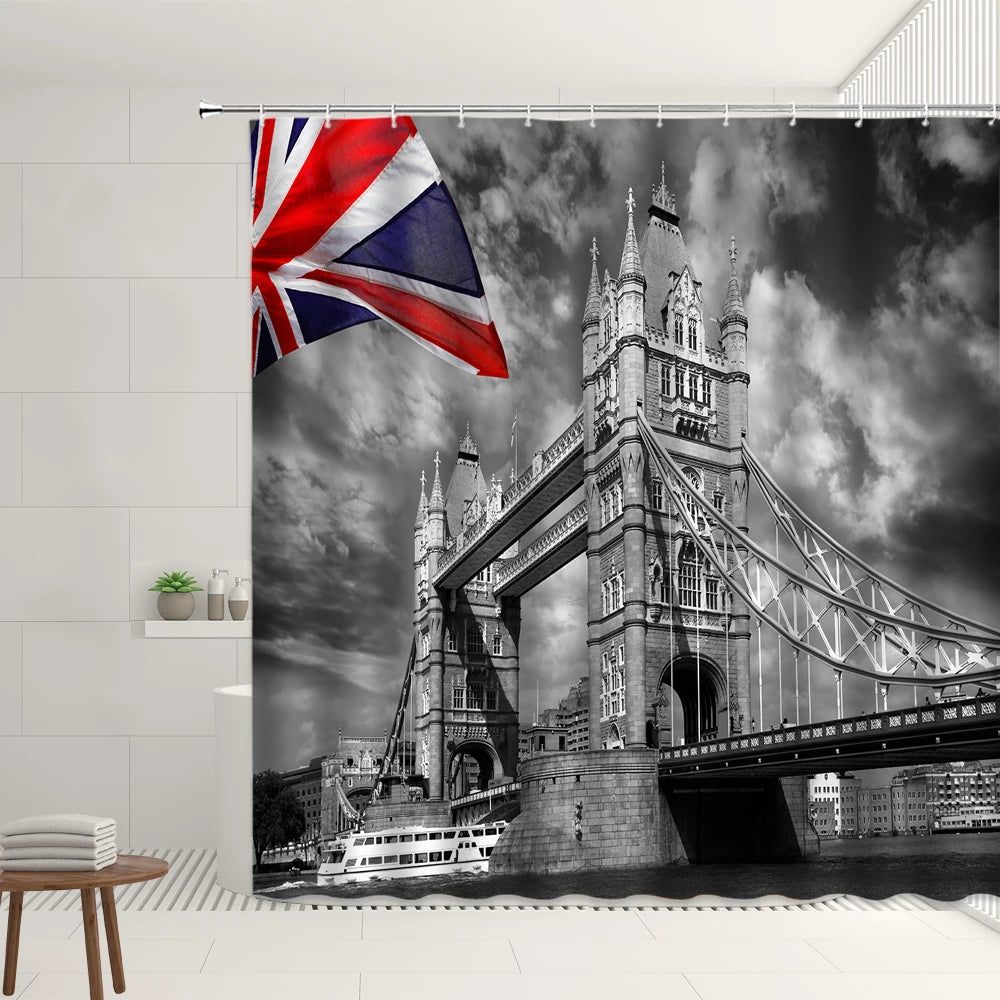 London Big Ben Red Telephone Booth Retro Bathroom Shower Curtain Waterproof Polyester Fabric Home Decoration Art Bath Curtains