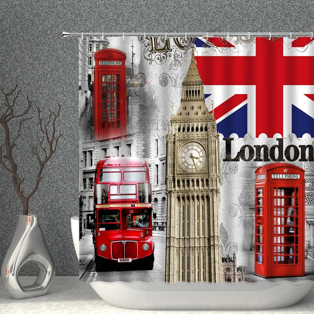 London Big Ben Red Telephone Booth Retro Bathroom Shower Curtain Waterproof Polyester Fabric Home Decoration Art Bath Curtains