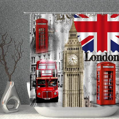 London Big Ben Red Telephone Booth Retro Bathroom Shower Curtain Waterproof Polyester Fabric Home Decoration Art Bath Curtains