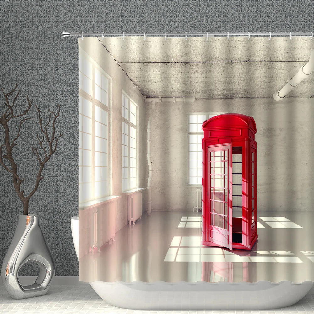 London Big Ben Red Telephone Booth Retro Bathroom Shower Curtain Waterproof Polyester Fabric Home Decoration Art Bath Curtains