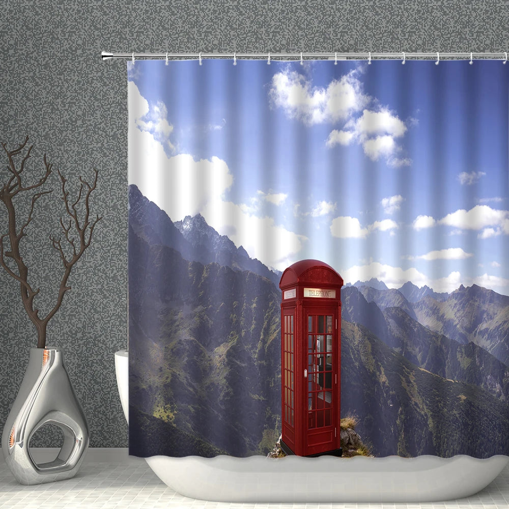 London Big Ben Red Telephone Booth Retro Bathroom Shower Curtain Waterproof Polyester Fabric Home Decoration Art Bath Curtains