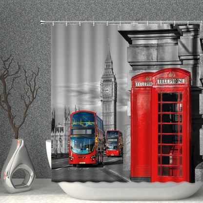 London Big Ben Red Telephone Booth Retro Bathroom Shower Curtain Waterproof Polyester Fabric Home Decoration Art Bath Curtains