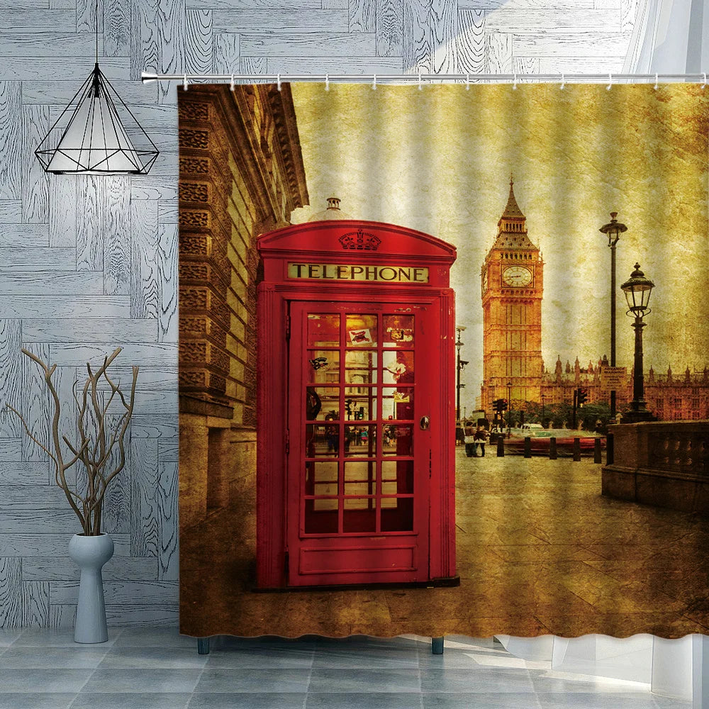 London Big Ben Red Telephone Booth Retro Bathroom Shower Curtain Waterproof Polyester Fabric Home Decoration Art Bath Curtains