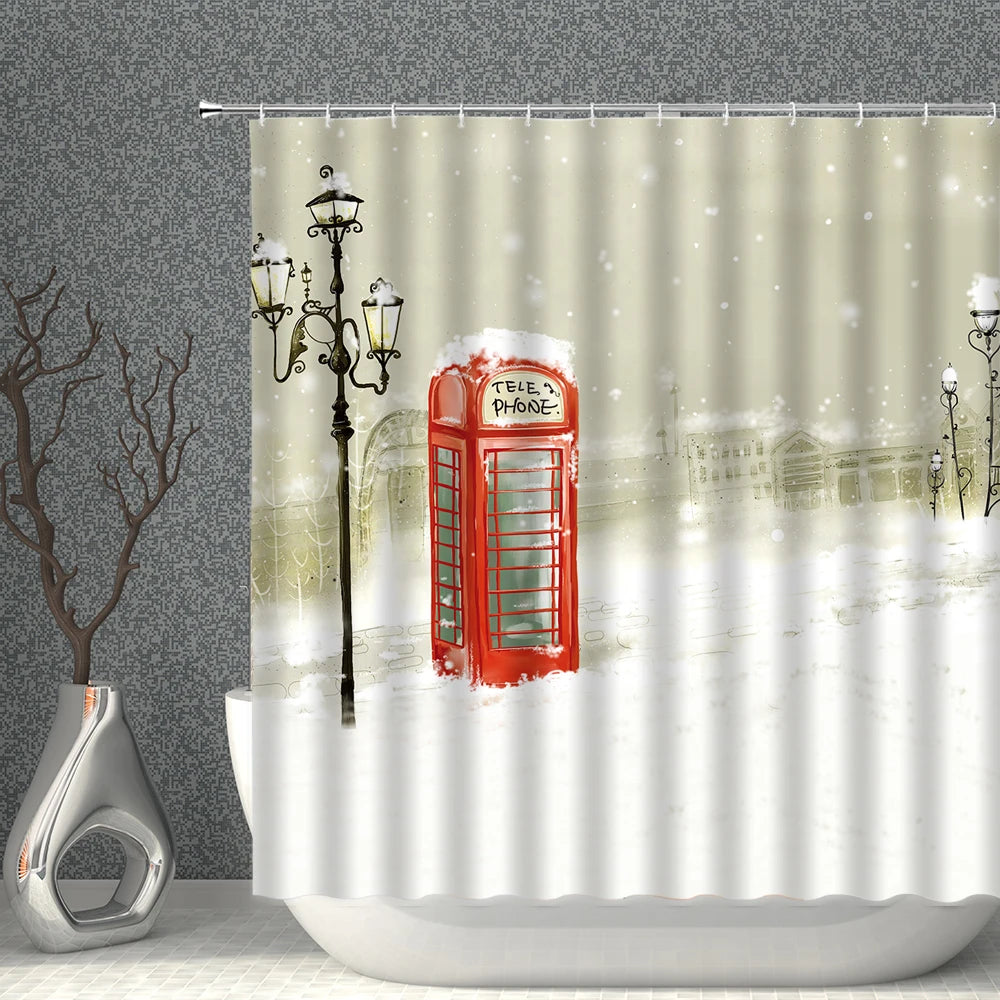 London Big Ben Red Telephone Booth Retro Bathroom Shower Curtain Waterproof Polyester Fabric Home Decoration Art Bath Curtains