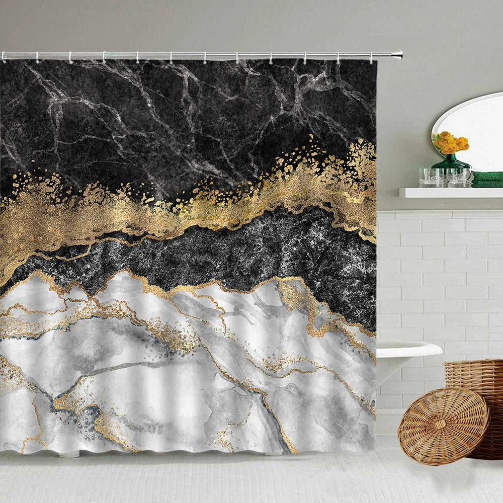 Marble Striped Shower Curtain White Gray Gold Black Simple Design Bathroom Accessories Decorative Waterproof Screen with Hooks