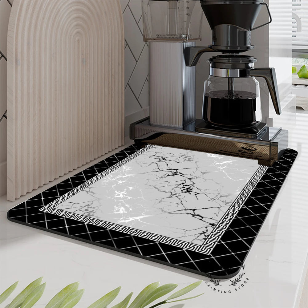 Marble Style Dish Drying Mat, Soft Rubber Draining Pad, Non-Slip Super Absorbent Coffee Machine Mat, Placemat Dining Table Decor