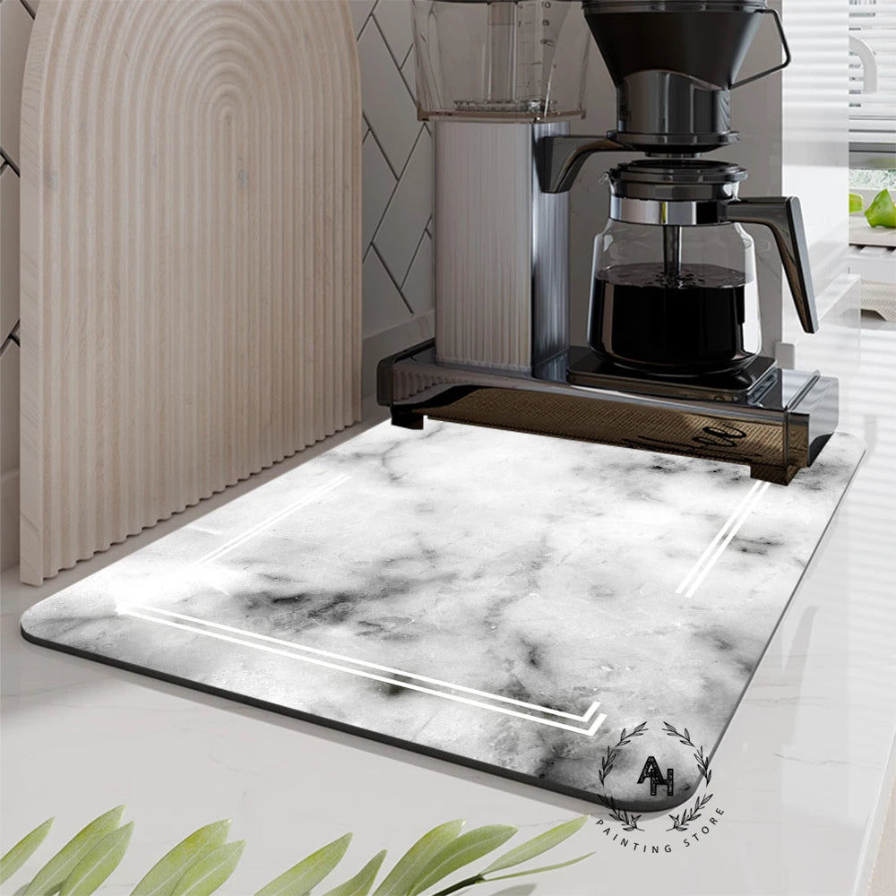 Marble Style Dish Drying Mat, Soft Rubber Draining Pad, Non-Slip Super Absorbent Coffee Machine Mat, Placemat Dining Table Decor