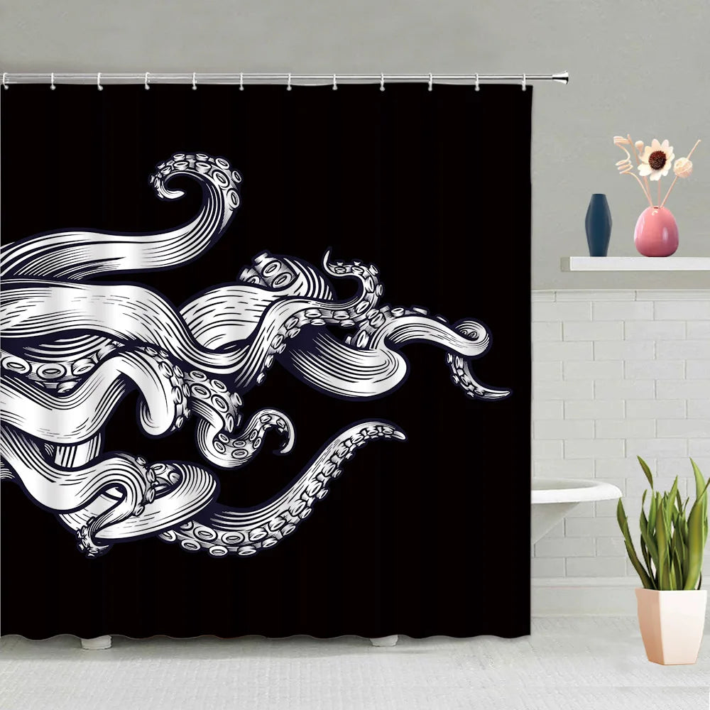 Mermaid Octopus Shower Curtain Set Abstract Ocean Nautical Fantasy Animals Tentacle Sea Turtle Bath Curtains Bathroom Decor Sets