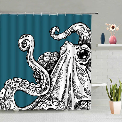Mermaid Octopus Shower Curtain Set Abstract Ocean Nautical Fantasy Animals Tentacle Sea Turtle Bath Curtains Bathroom Decor Sets