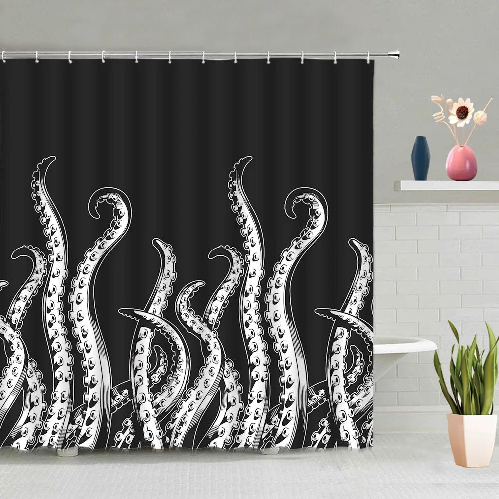 Mermaid Octopus Shower Curtain Set Abstract Ocean Nautical Fantasy Animals Tentacle Sea Turtle Bath Curtains Bathroom Decor Sets