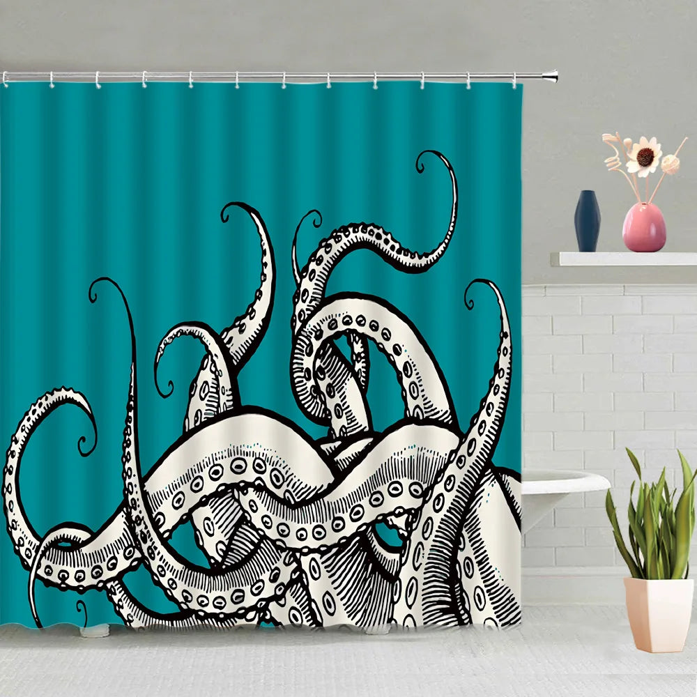 Mermaid Octopus Shower Curtain Set Abstract Ocean Nautical Fantasy Animals Tentacle Sea Turtle Bath Curtains Bathroom Decor Sets