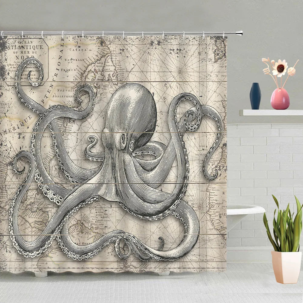 Mermaid Octopus Shower Curtain Set Abstract Ocean Nautical Fantasy Animals Tentacle Sea Turtle Bath Curtains Bathroom Decor Sets