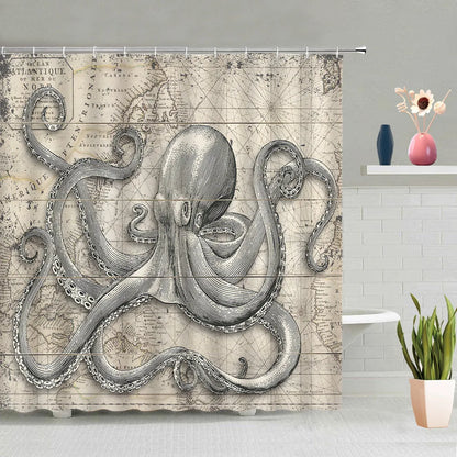 Mermaid Octopus Shower Curtain Set Abstract Ocean Nautical Fantasy Animals Tentacle Sea Turtle Bath Curtains Bathroom Decor Sets