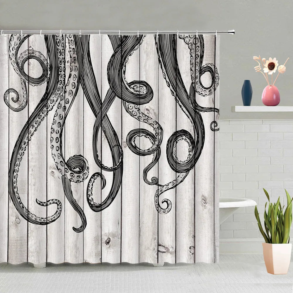 Mermaid Octopus Shower Curtain Set Abstract Ocean Nautical Fantasy Animals Tentacle Sea Turtle Bath Curtains Bathroom Decor Sets
