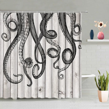 Mermaid Octopus Shower Curtain Set Abstract Ocean Nautical Fantasy Animals Tentacle Sea Turtle Bath Curtains Bathroom Decor Sets