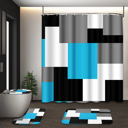 Modern Simple Navy Blue Geometric Shower Curtain Bathroom Accessories Decor Black and Gray Shower Curtain Set with Hooks