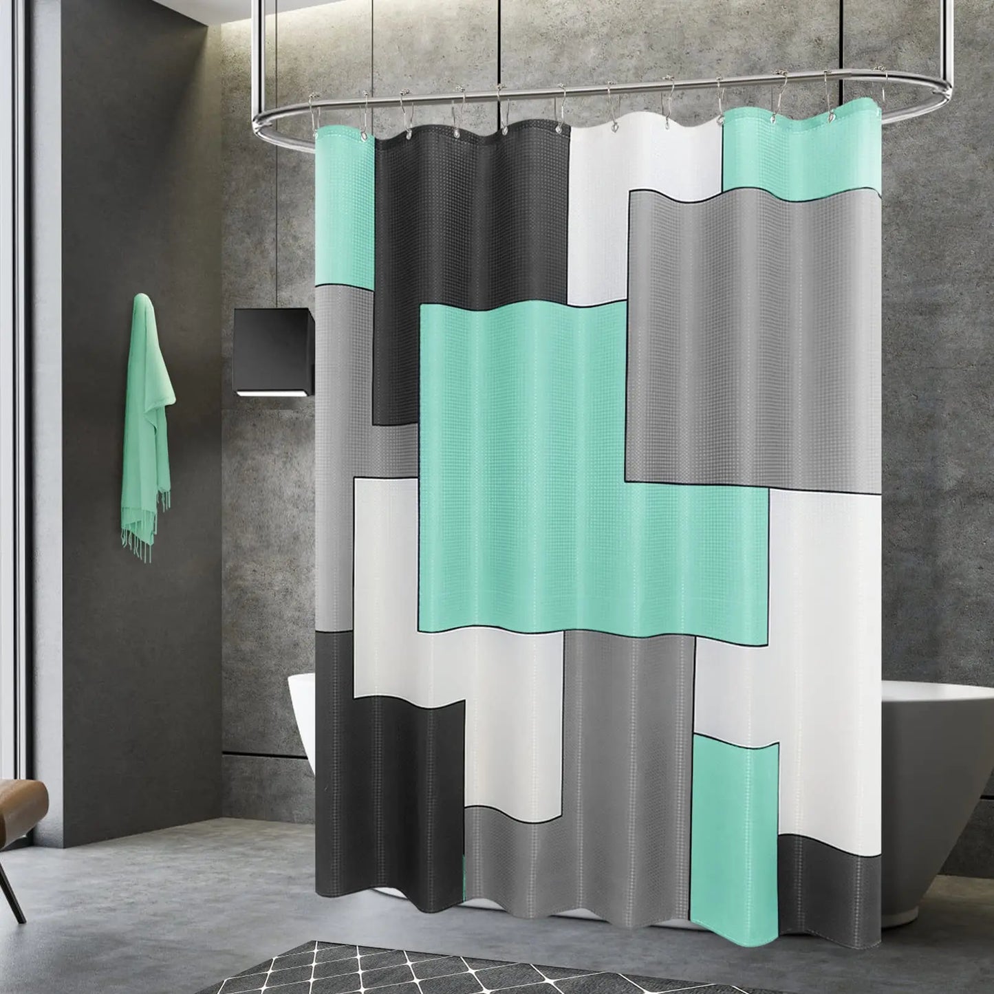 Modern Simple Navy Blue Geometric Shower Curtain Bathroom Accessories Decor Black and Gray Shower Curtain Set with Hooks