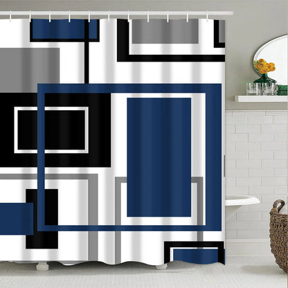 Modern Simple Navy Blue Geometric Shower Curtain Bathroom Accessories Decor Black and Gray Shower Curtain Set with Hooks