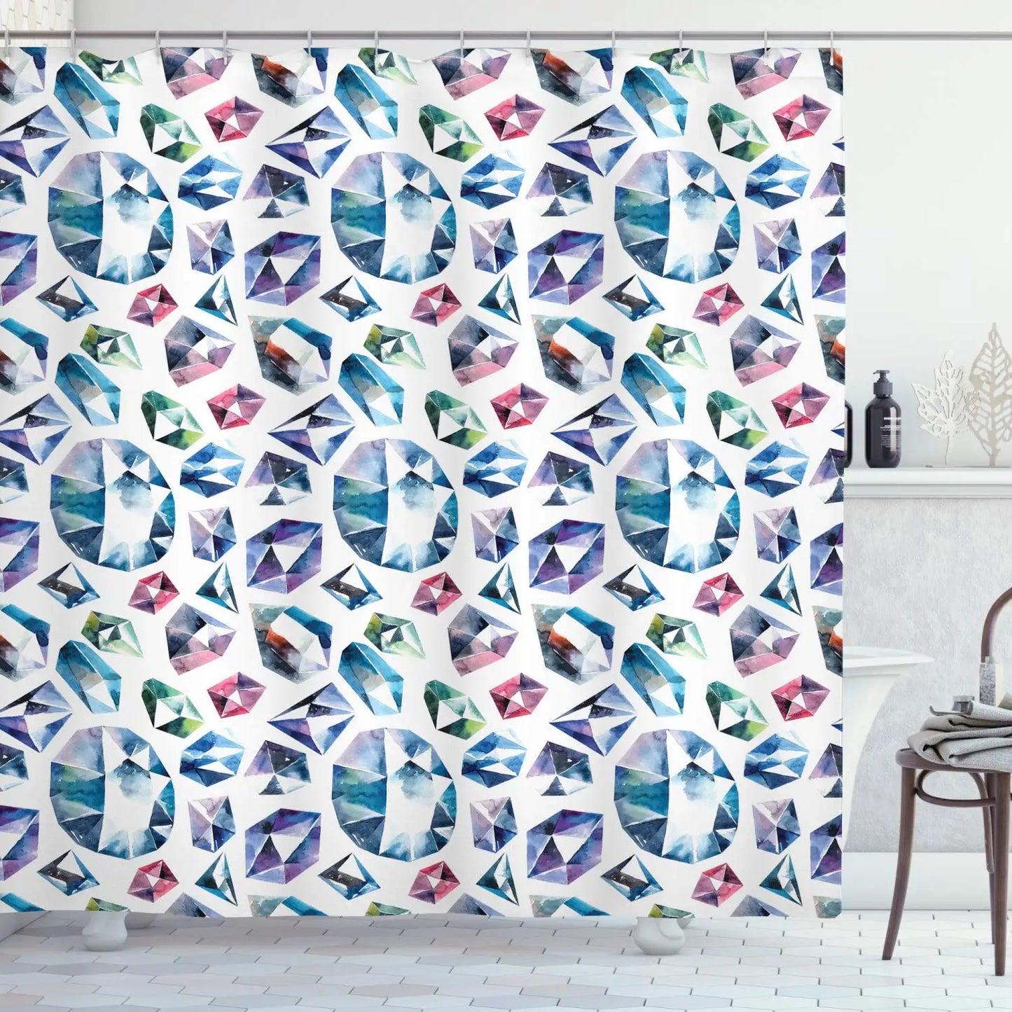 Pearls Shower Curtain,Diamonds Stones and Pearls Hanging Necklace Bridal Wedding Theme Waterproof Fabric Bathroom Curtains,Hooks