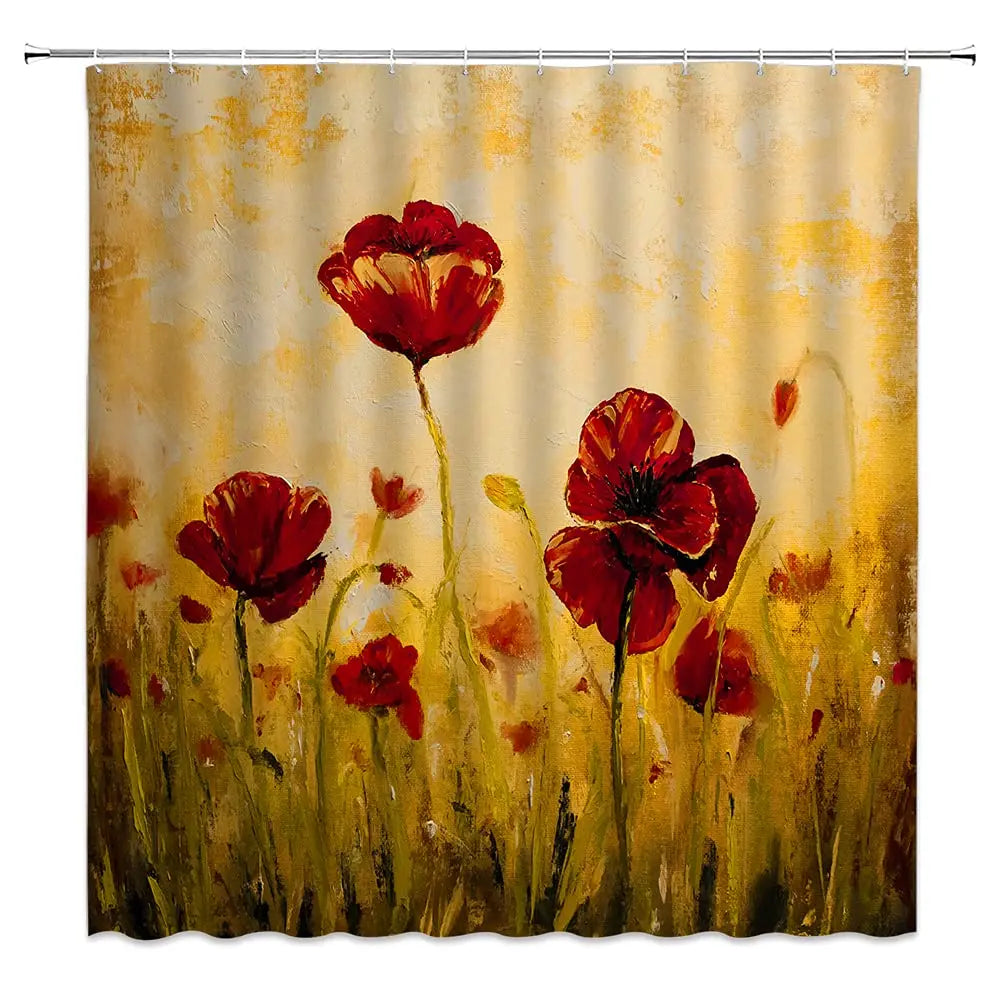 Red Flower Shower Curtain, Poppy Flower Shower Curtains with Floral Washable Fabric Shower Curtains for Bathroom Sets with Hooks