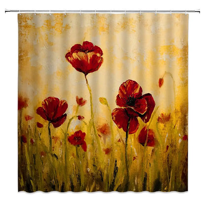 Red Flower Shower Curtain, Poppy Flower Shower Curtains with Floral Washable Fabric Shower Curtains for Bathroom Sets with Hooks