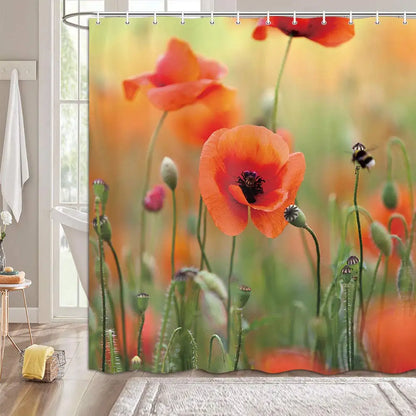 Red Flower Shower Curtain, Poppy Flower Shower Curtains with Floral Washable Fabric Shower Curtains for Bathroom Sets with Hooks