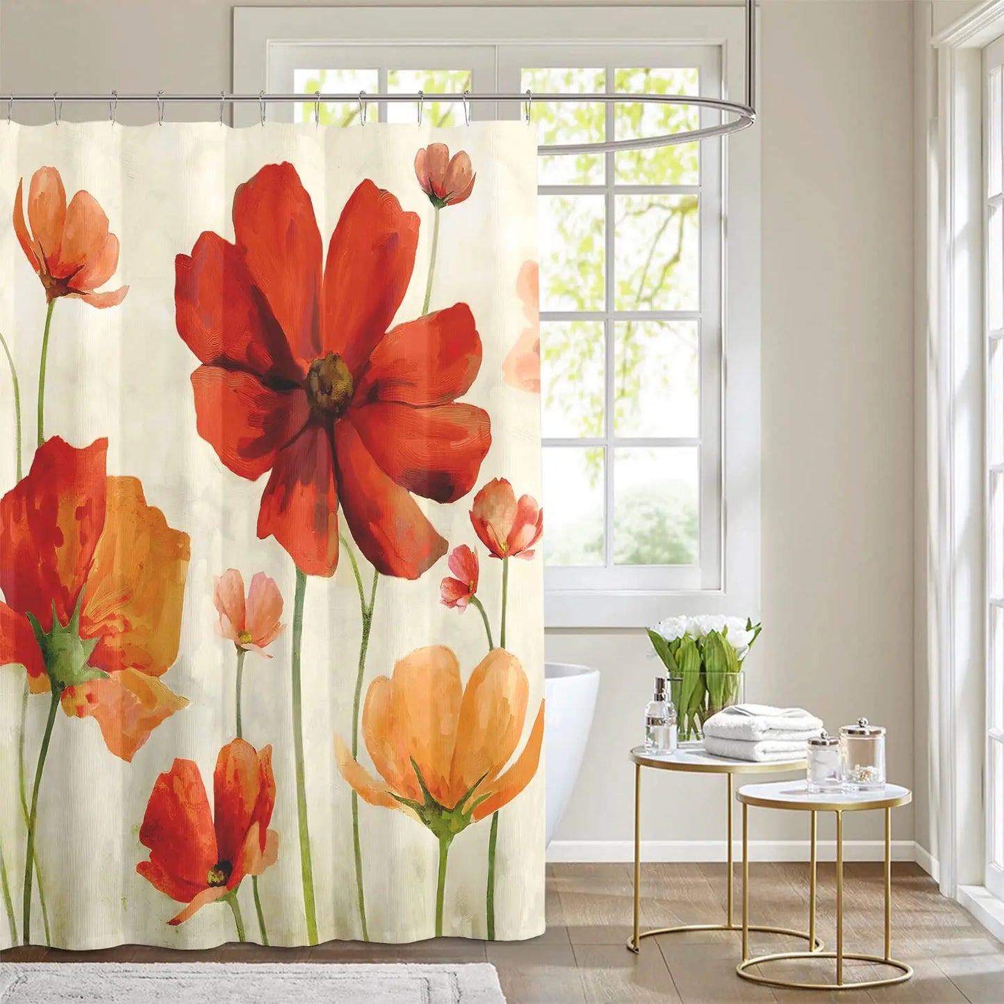 Red Flower Shower Curtain, Poppy Flower Shower Curtains with Floral Washable Fabric Shower Curtains for Bathroom Sets with Hooks
