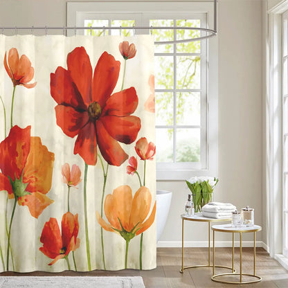 Red Flower Shower Curtain, Poppy Flower Shower Curtains with Floral Washable Fabric Shower Curtains for Bathroom Sets with Hooks