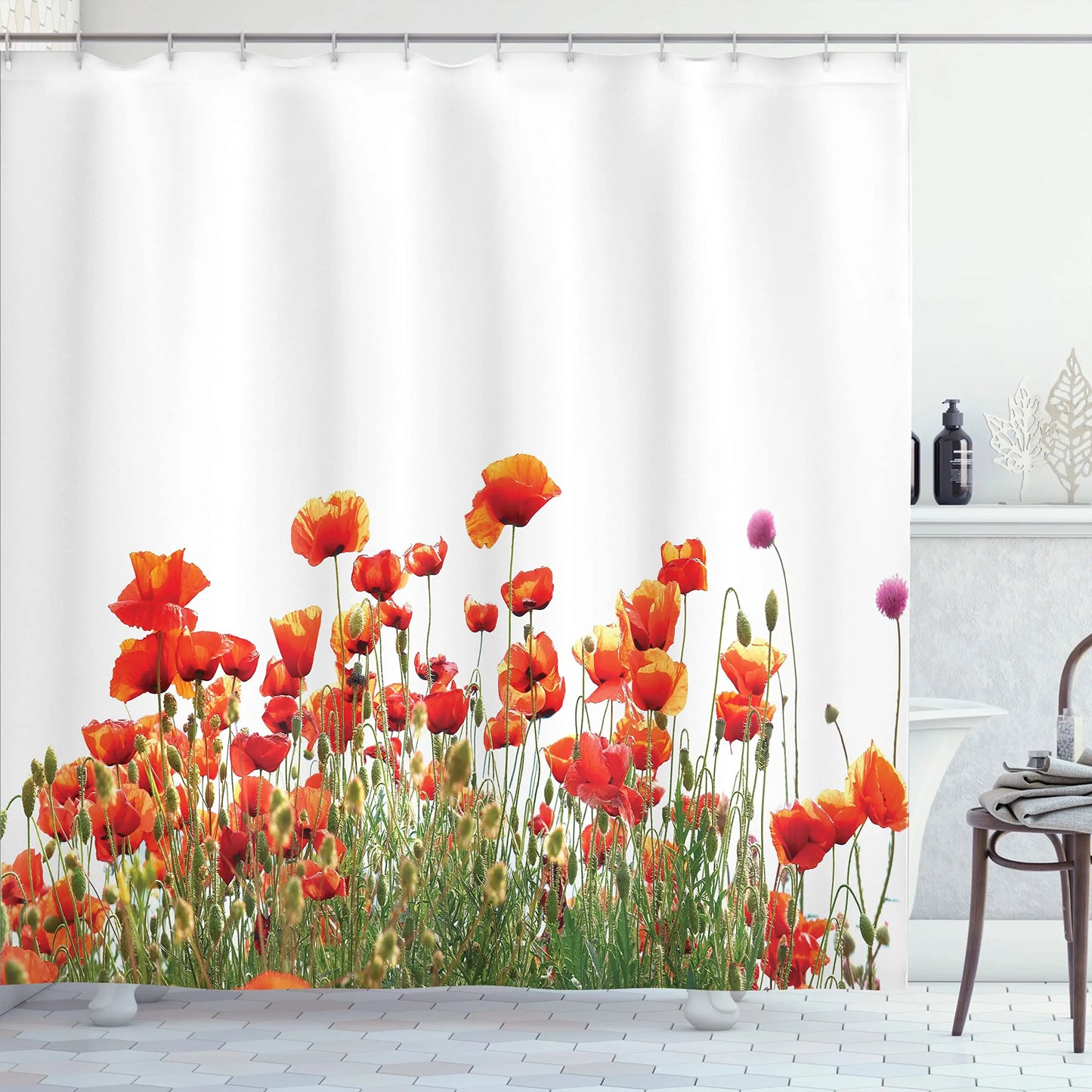 Red Flower Shower Curtain, Poppy Flower Shower Curtains with Floral Washable Fabric Shower Curtains for Bathroom Sets with Hooks