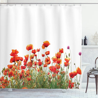 Red Flower Shower Curtain, Poppy Flower Shower Curtains with Floral Washable Fabric Shower Curtains for Bathroom Sets with Hooks