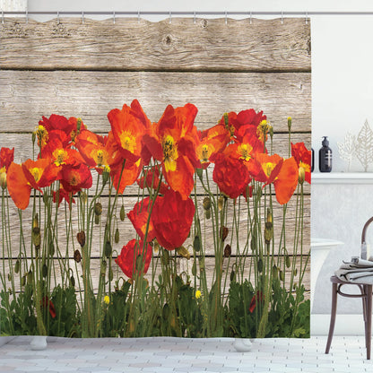 Red Flower Shower Curtain, Poppy Flower Shower Curtains with Floral Washable Fabric Shower Curtains for Bathroom Sets with Hooks