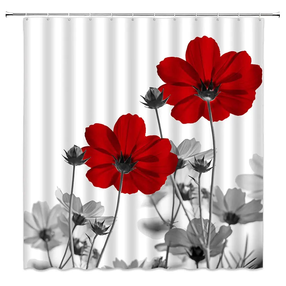 Red Flower Shower Curtain, Poppy Flower Shower Curtains with Floral Washable Fabric Shower Curtains for Bathroom Sets with Hooks