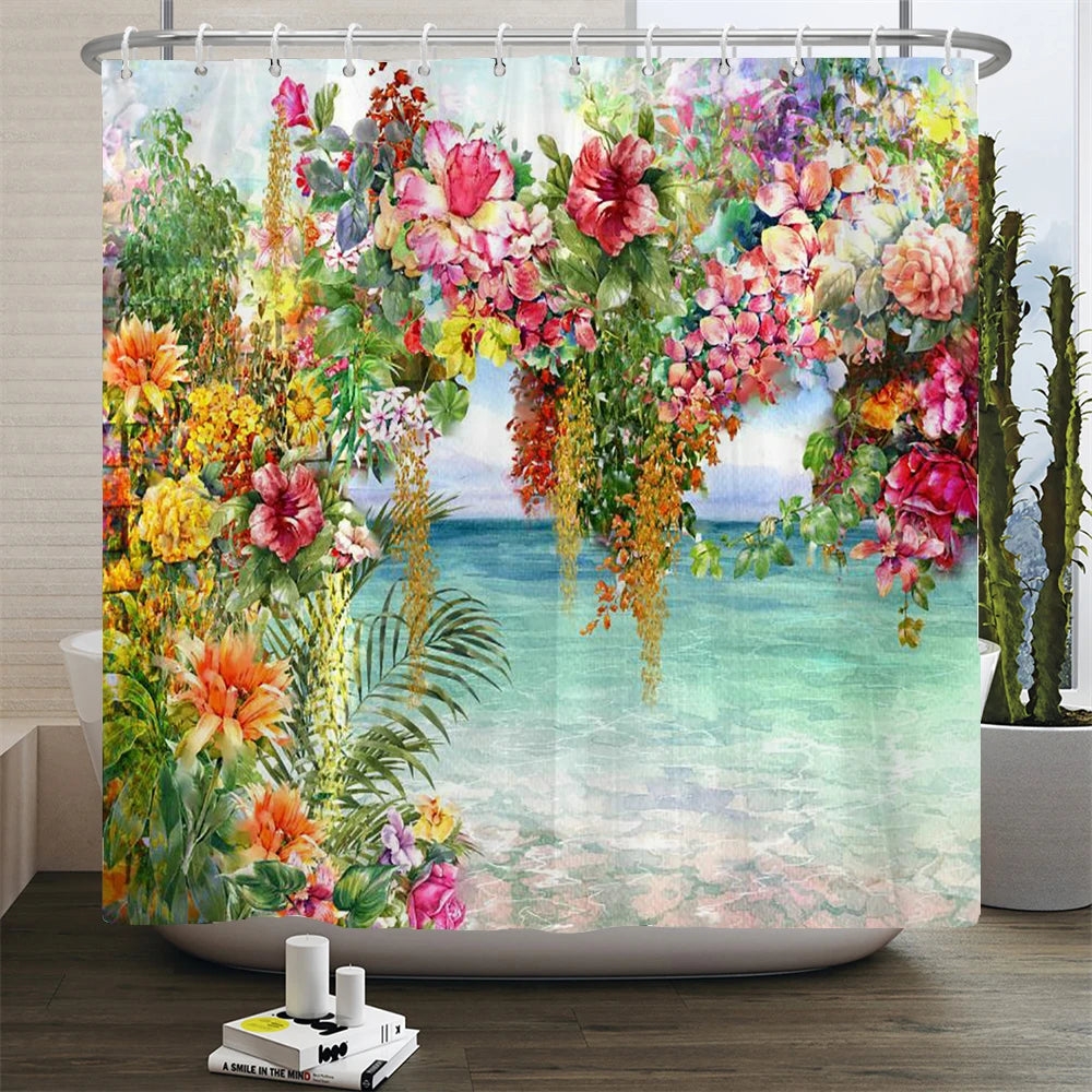 Retro Blooming Flowers Shower Curtains Bathroom Curtains Waterproof Polyester Bath Curtain with 12 Hooks Shower Curtain