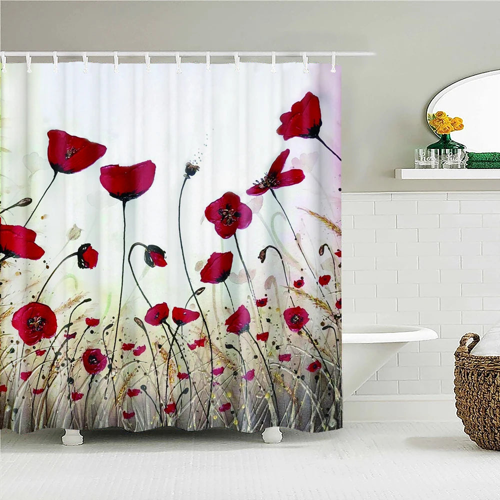 Retro Blooming Flowers Shower Curtains Bathroom Curtains Waterproof Polyester Bath Curtain with 12 Hooks Shower Curtain