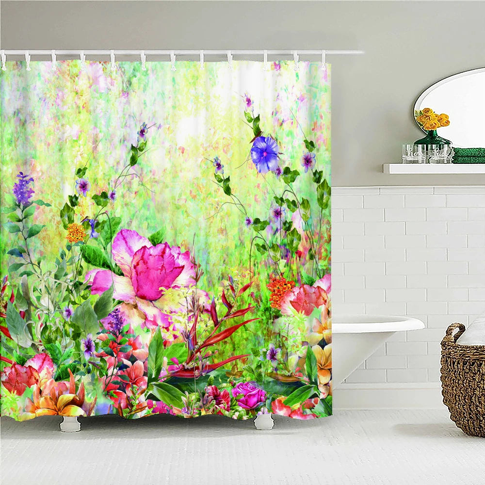 Retro Blooming Flowers Shower Curtains Bathroom Curtains Waterproof Polyester Bath Curtain with 12 Hooks Shower Curtain