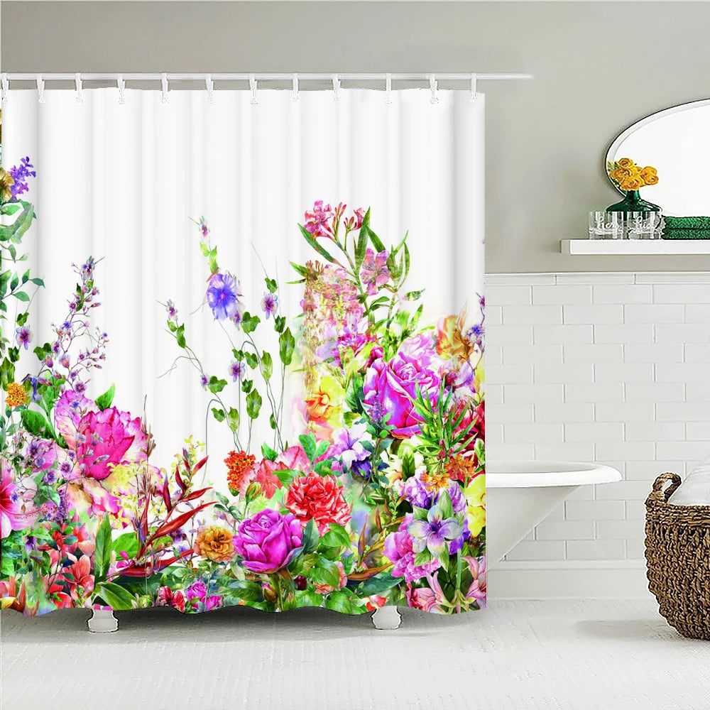 Retro Blooming Flowers Shower Curtains Bathroom Curtains Waterproof Polyester Bath Curtain with 12 Hooks Shower Curtain
