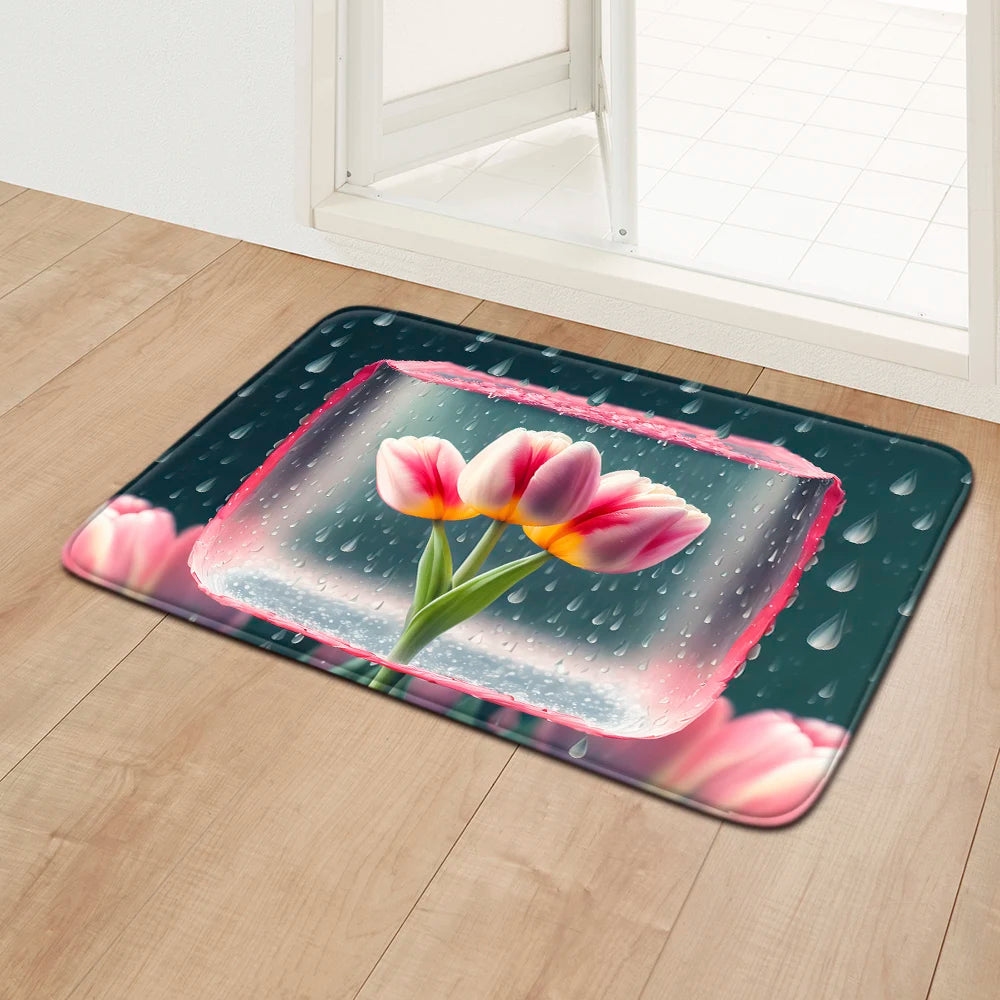 Rose Bathroom Foot Mat Home Hallway Entrance Doormat Bedroom Floor Decoration Carpet Bath Door Shower Room Bathtub Anti-Slip Rug