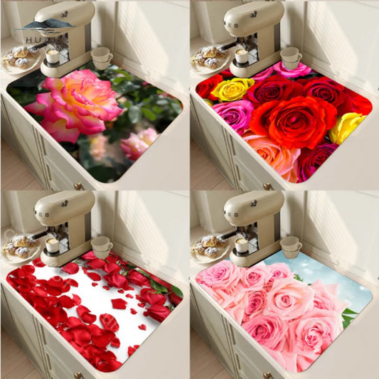 Rose Flower Printed Drain Pad Super Absorbent Anti-Slip Dish Drying Mat Waterproof Tableware Diatomic Aesthetic Kitchen Decor
