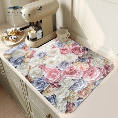 Rose Flower Printed Drain Pad Super Absorbent Anti-Slip Dish Drying Mat Waterproof Tableware Diatomic Aesthetic Kitchen Decor
