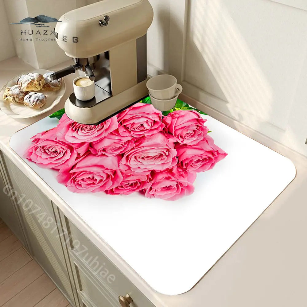 Rose Flower Printed Drain Pad Super Absorbent Anti-Slip Dish Drying Mat Waterproof Tableware Diatomic Aesthetic Kitchen Decor