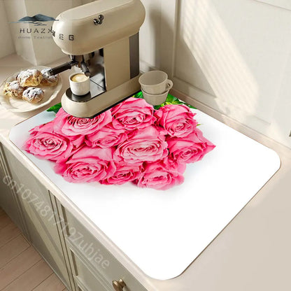 Rose Flower Printed Drain Pad Super Absorbent Anti-Slip Dish Drying Mat Waterproof Tableware Diatomic Aesthetic Kitchen Decor