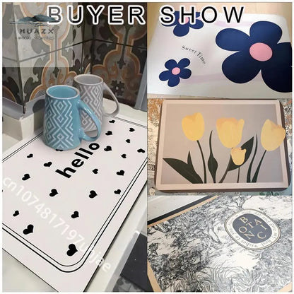 Rose Flower Printed Drain Pad Super Absorbent Anti-Slip Dish Drying Mat Waterproof Tableware Diatomic Aesthetic Kitchen Decor