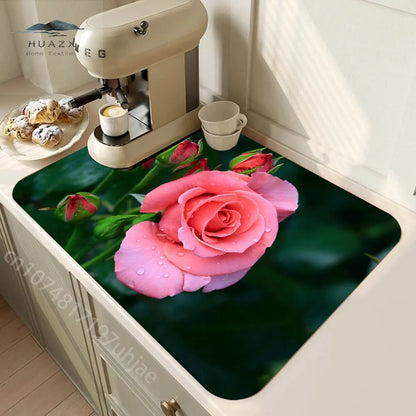 Rose Flower Printed Drain Pad Super Absorbent Anti-Slip Dish Drying Mat Waterproof Tableware Diatomic Aesthetic Kitchen Decor