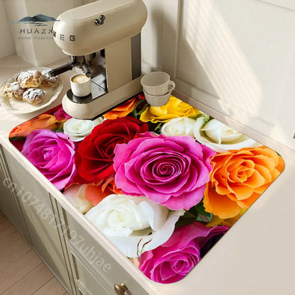 Rose Flower Printed Drain Pad Super Absorbent Anti-Slip Dish Drying Mat Waterproof Tableware Diatomic Aesthetic Kitchen Decor